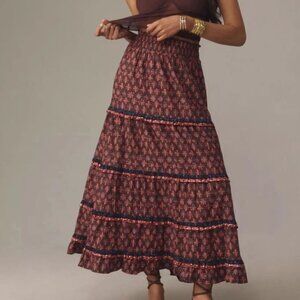 Anthropologie floral brown orange red tiered maxi skirt size Large Petite LP